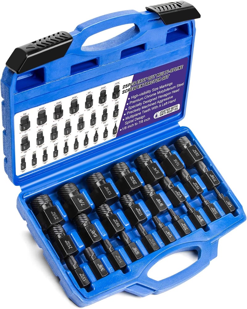 LLNDEI Screw Extractor Set Hex Head Multi-Spline Easy Out Bolt Extractor Set, EZ Out Rounded Screw Remover, 1/8 Inch to 7/8 Inch in 1/32-Inch Increments, CR-MO, 25 Pieces, Stripped Fastener Tool - Image 1